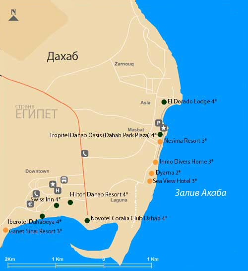 Подробная карта отелей Дахаба